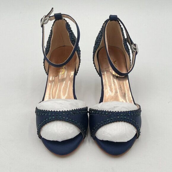 XYD Navy Chic Peep Toe D'Orsay Kitten Heel Rhinestone Studs Ankle Strap Sandals - Picture 3 of 8